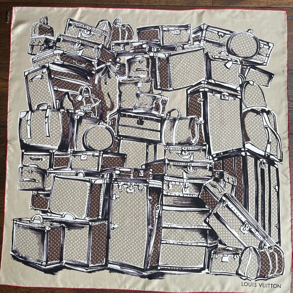 New Louis Vuitton Scarf Trunks Monogram Beige Brown Silk Wrap - Picture 1 of 14